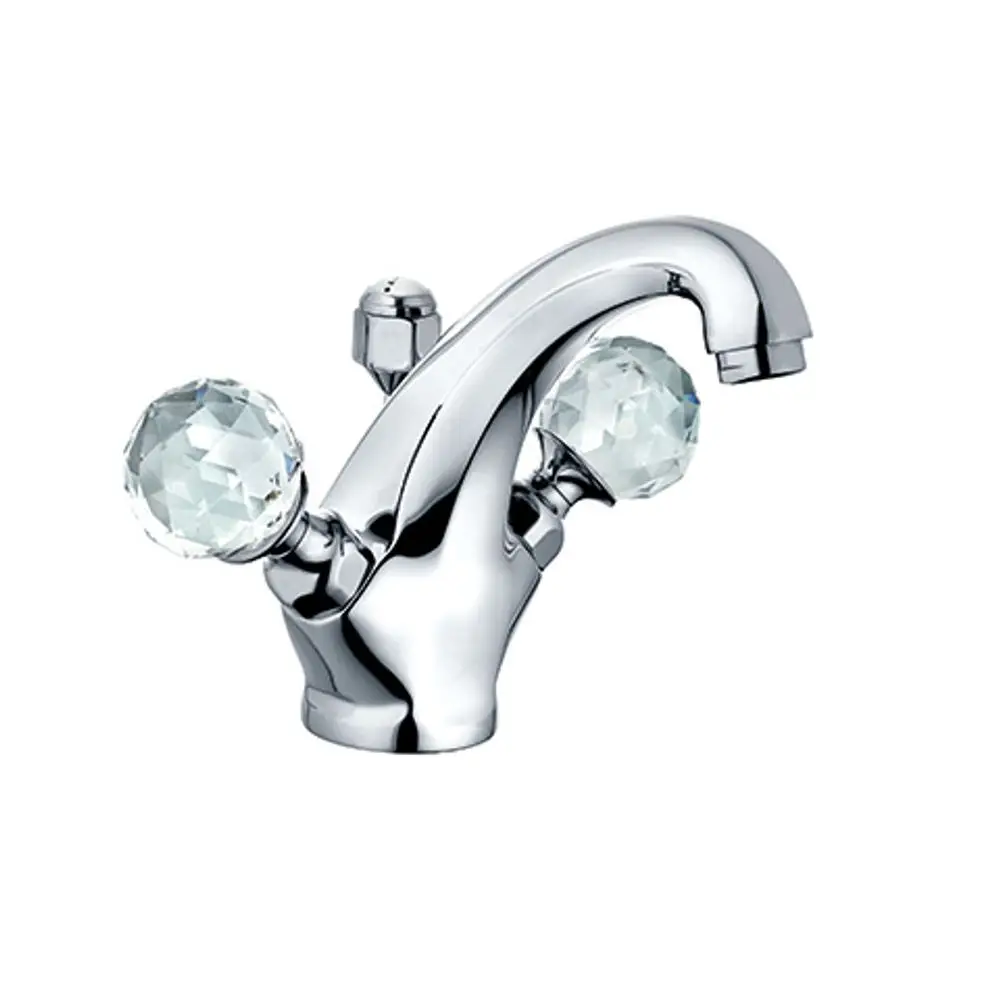 Waschtischarmatur von Kludi mit zwei griffigen, kristallinen Bedienelementen und einem geschwungenen Wasserhahn im Chrom-Finish.